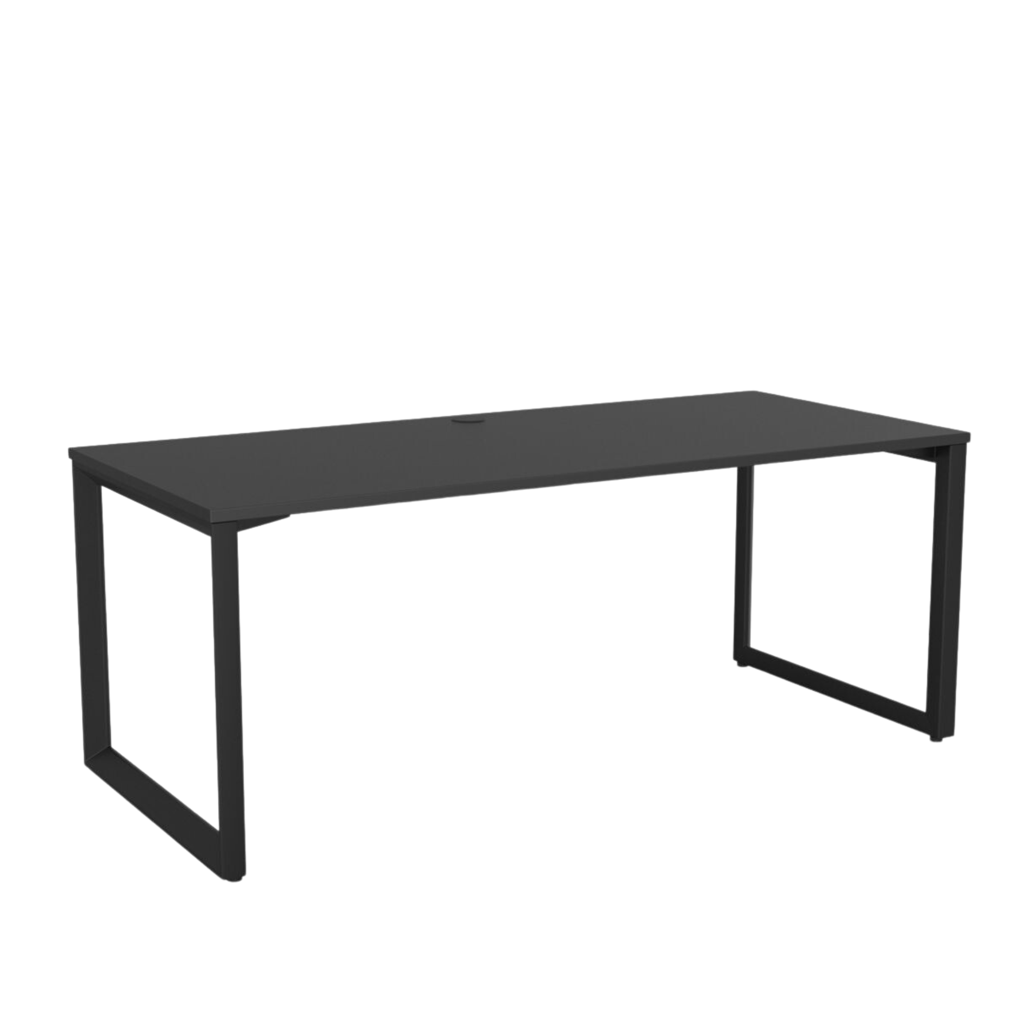 Anvil fixed height desk with black metal frame and black melteca top