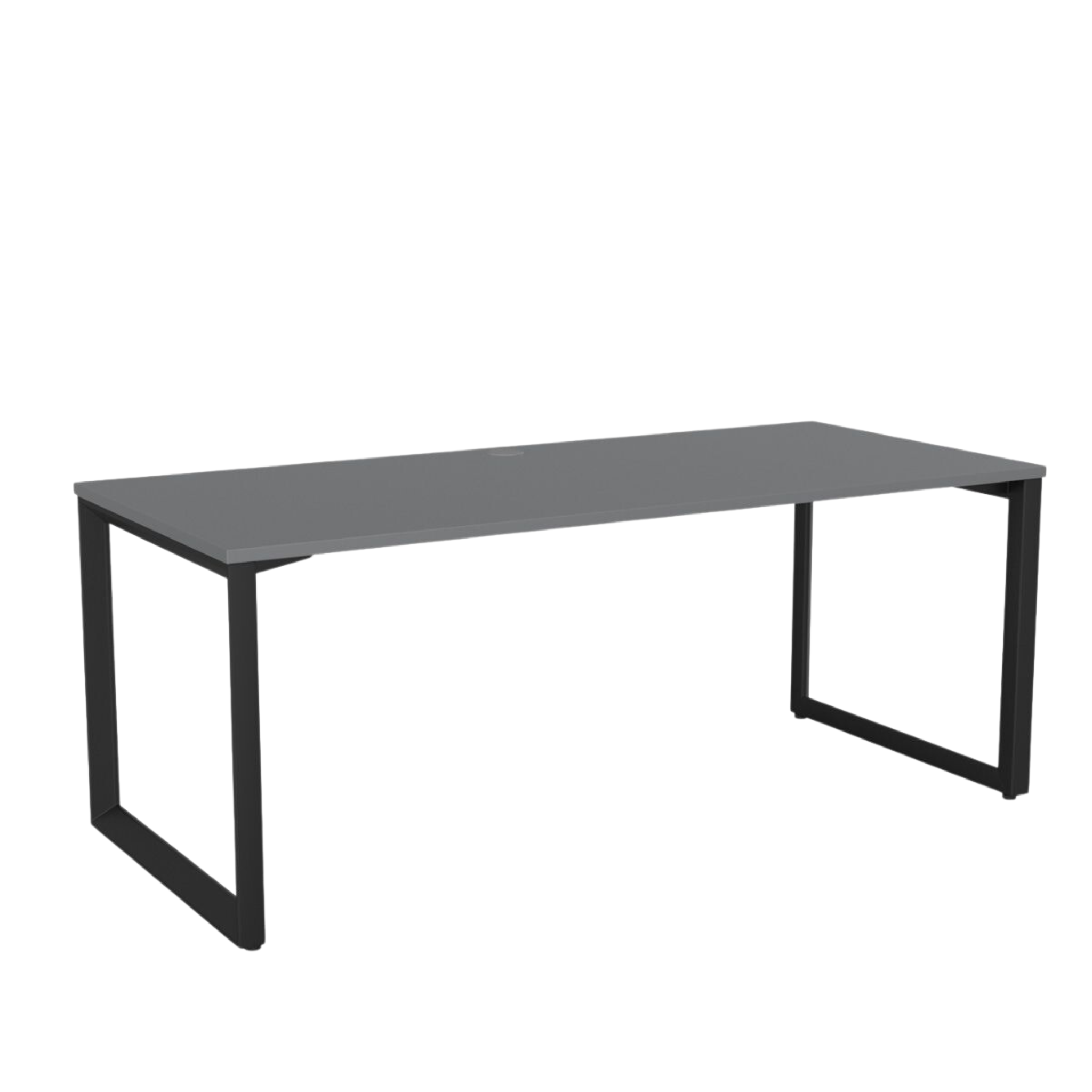 Anvil fixed height desk with black metal frame and silver melteca top