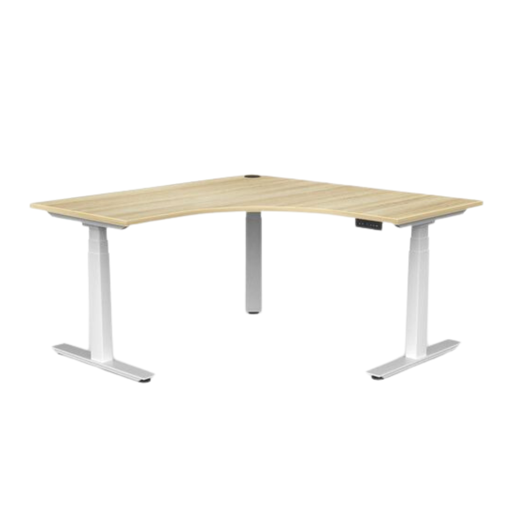Agile 3 electric sit to stand corner workstation with white frame and atlantic oak top