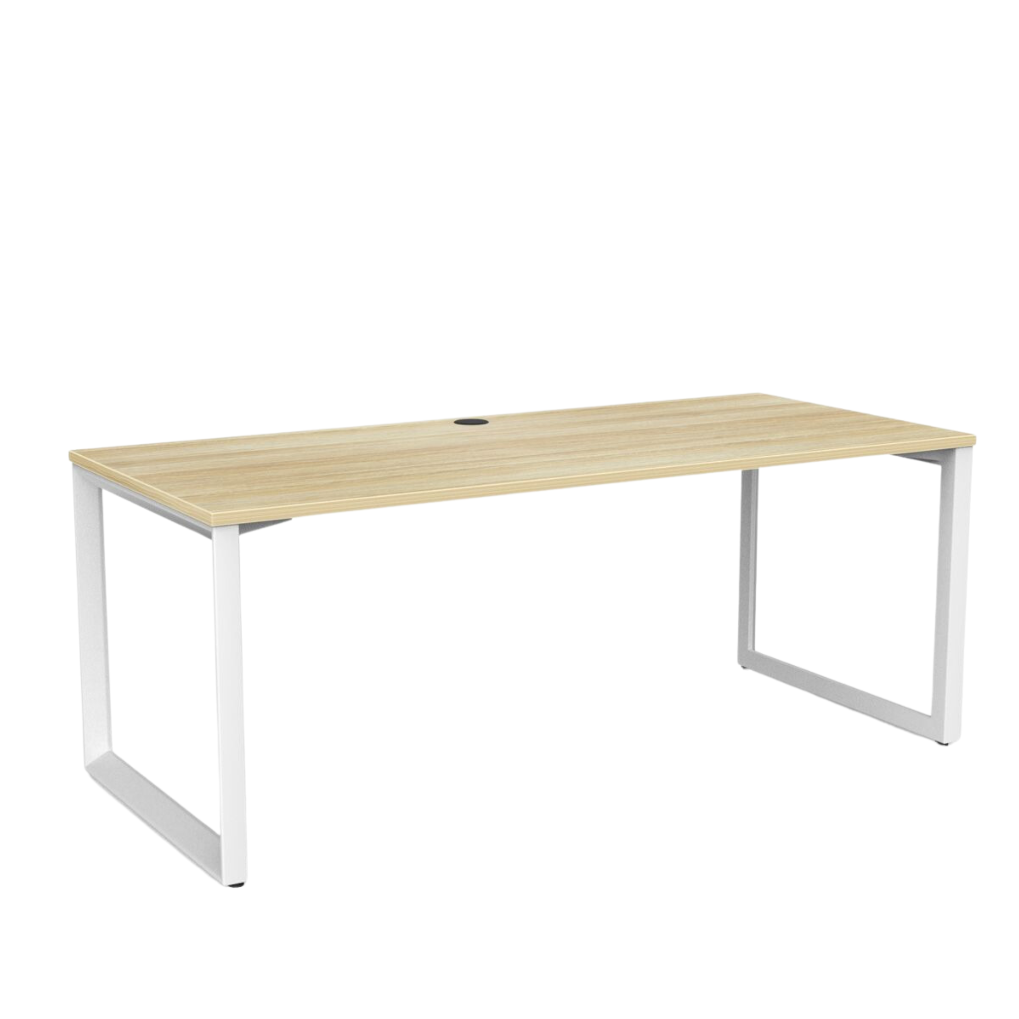 Anvil fixed height desk with white metal frame and atlantic oak metleca top
