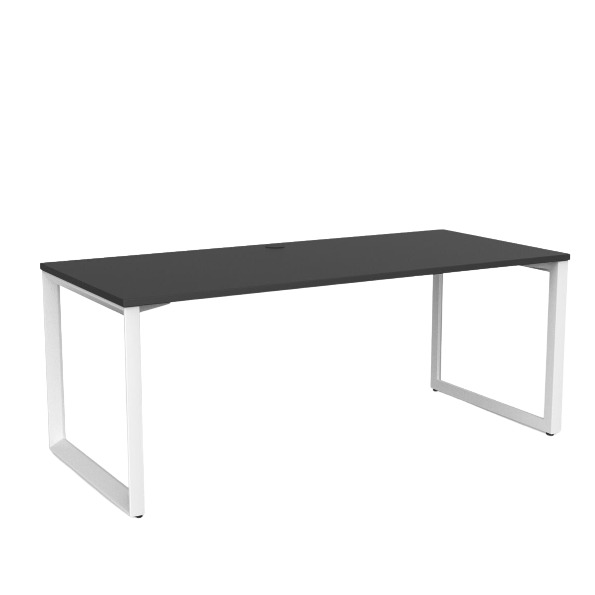 Anvil fixed height desk with white metal frame and black metleca top