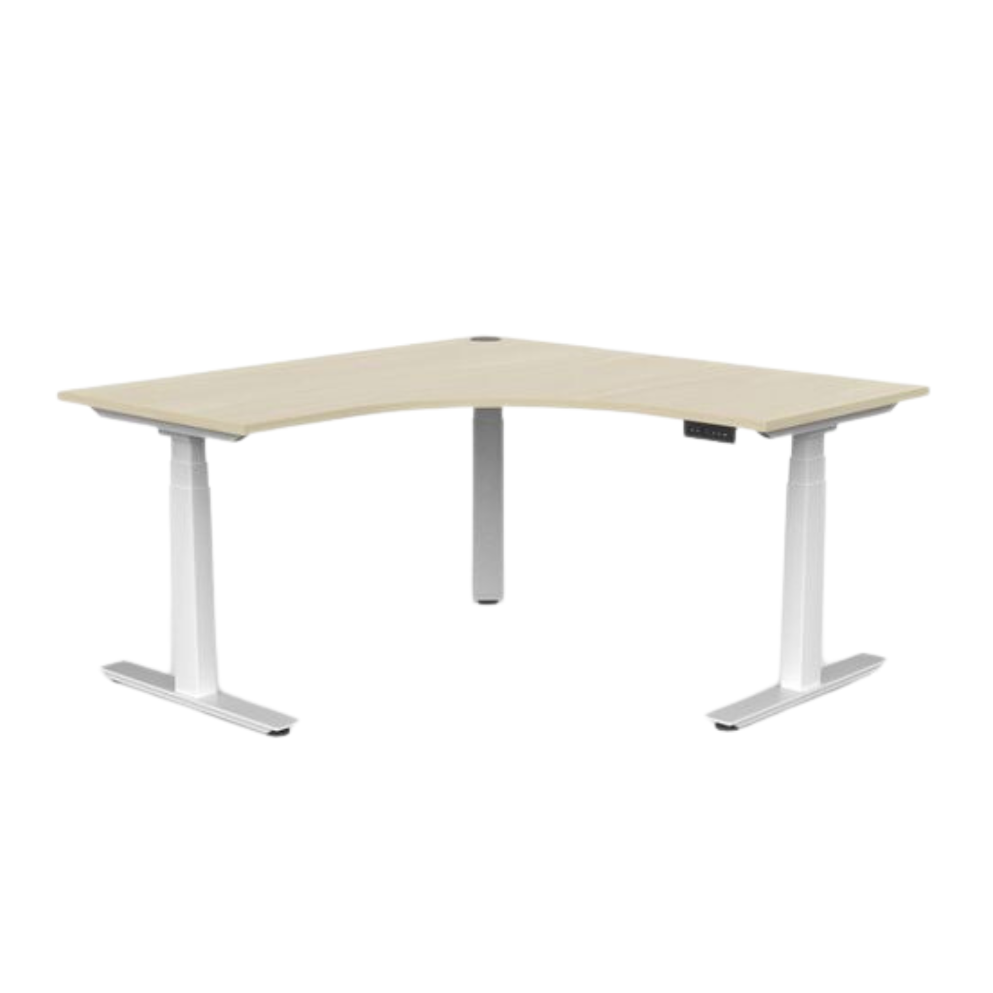 Agile 3 electric sit to stand corner workstation with white frame and nordic maple top