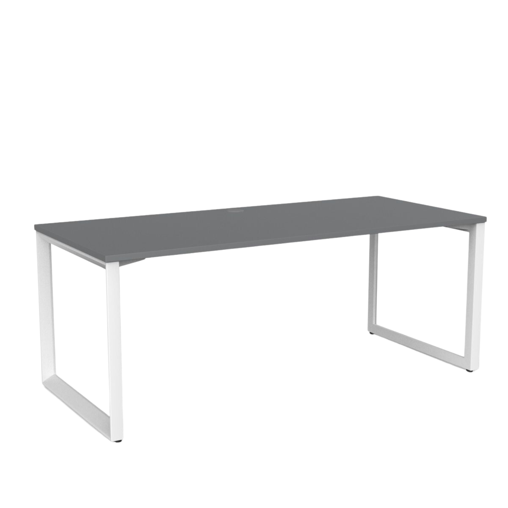 Anvil fixed height desk with white metal frame and silver metleca top