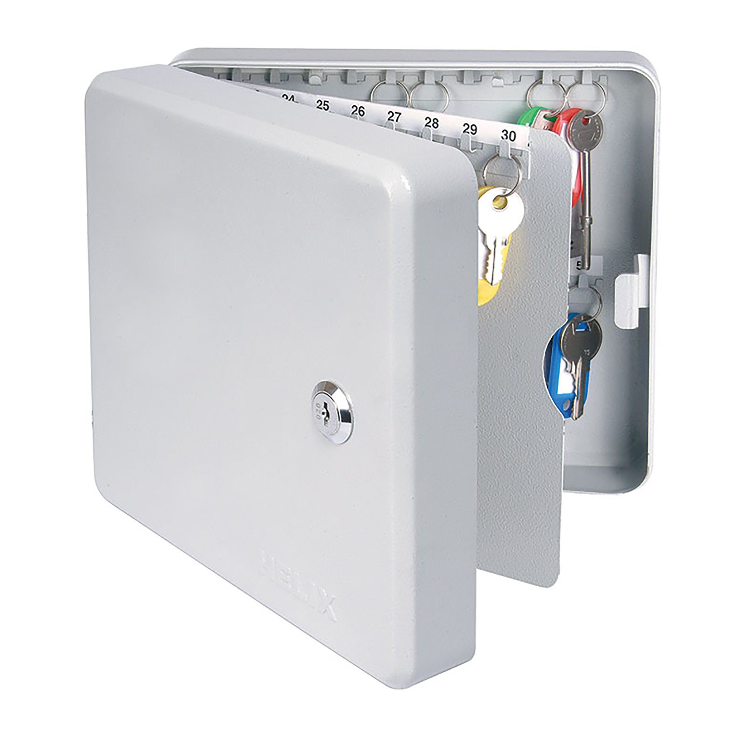 Grey lockable key cabinet that holds 50 keys.