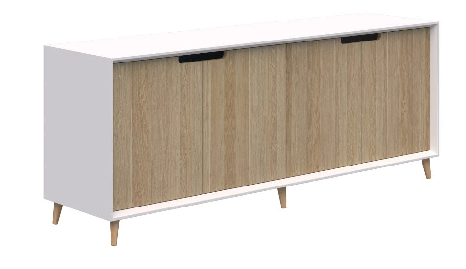 Oslo Cabinet with snowdrift white body and two refined oak doors and feet.
