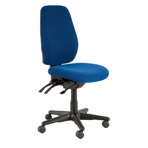 Aura Ergo Plus task chair with nylon base and castors and blue fabric no arms