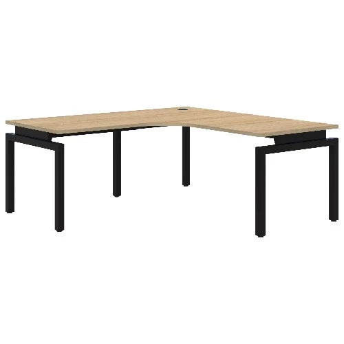 Fixed height Balance corner workstation desk with black frame and classic oak top.