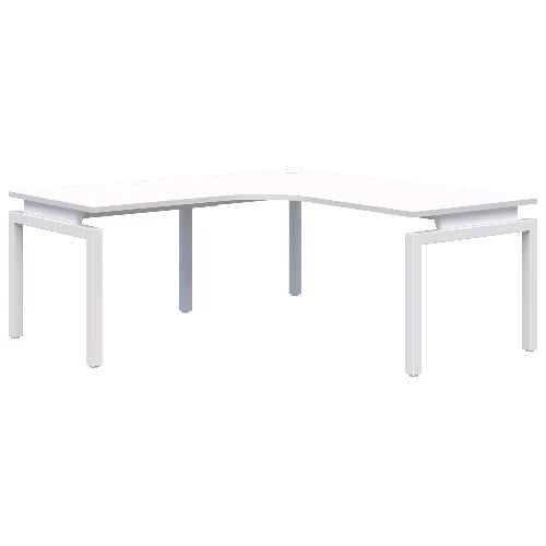 Fixed height Balance corner workstation desk with white frame and snow velvet white top.