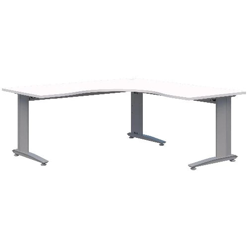 Corner workstation desk with silver frame and white top.