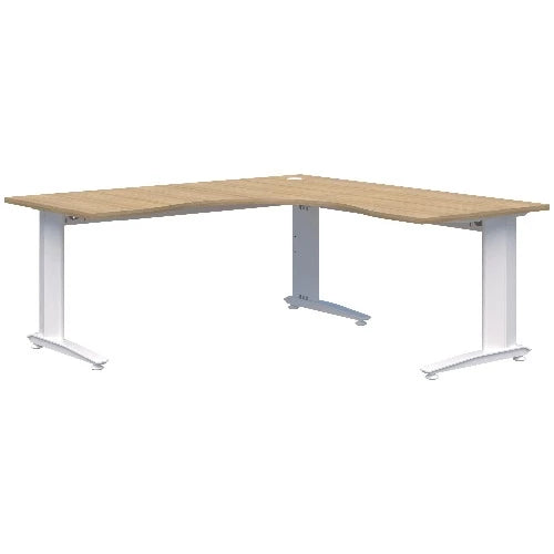 Corner workstation desk with white frame and classic oak top.