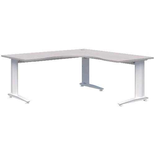 Corner workstation desk with white frame and silver strata top.