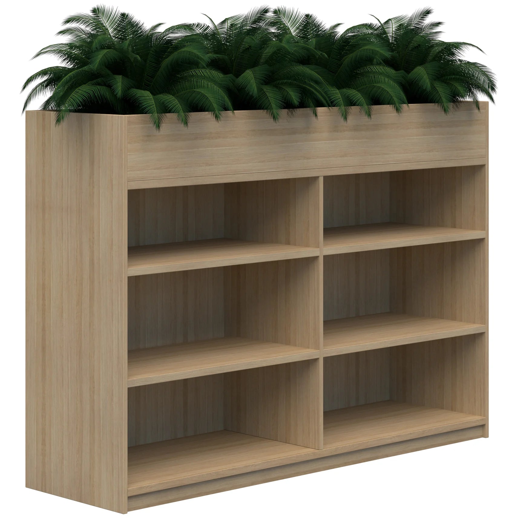 Dual three tier bookcase with built in planter box on top in classic oak colour.