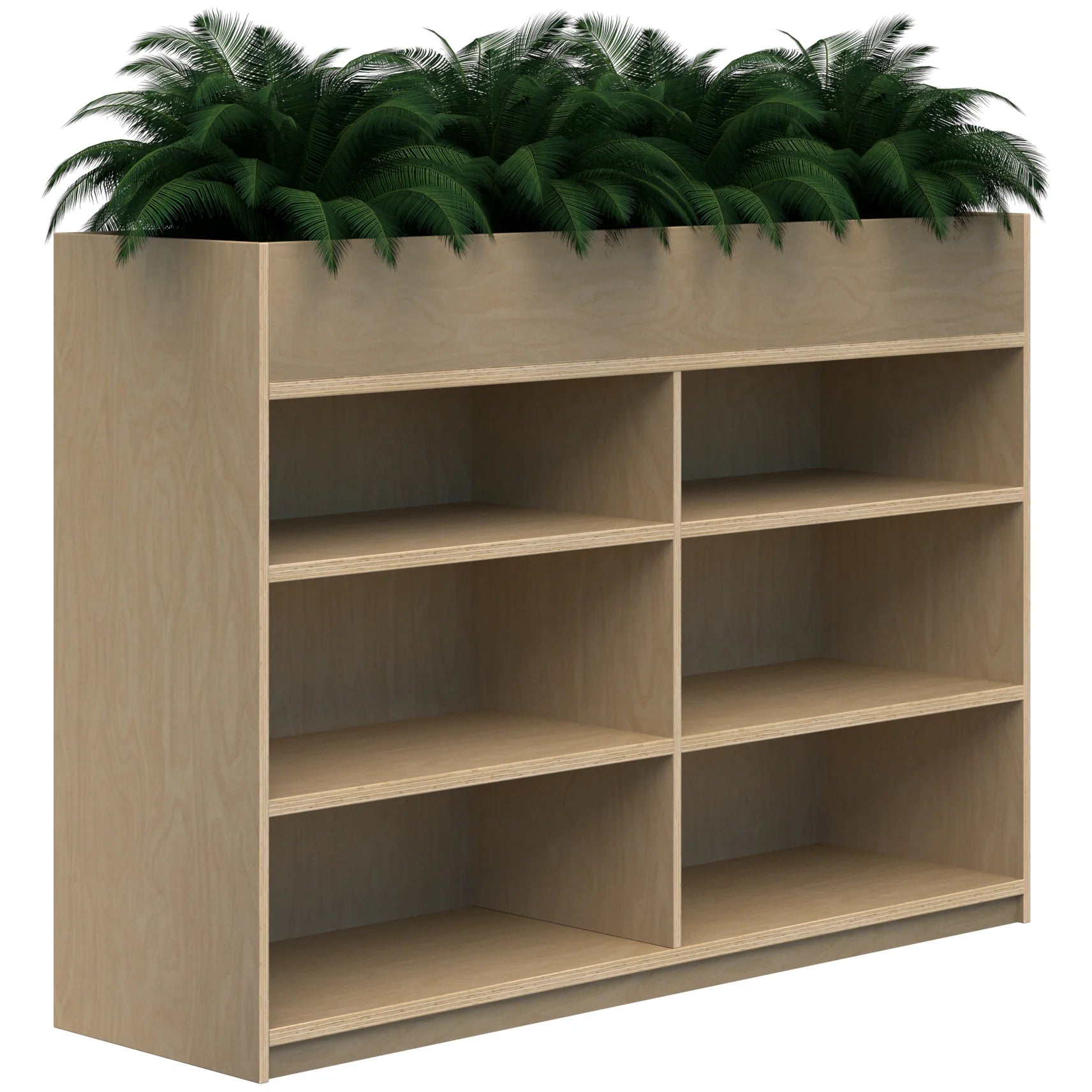 Dual three tier bookcase with built in planter box on top in raw birch colour.