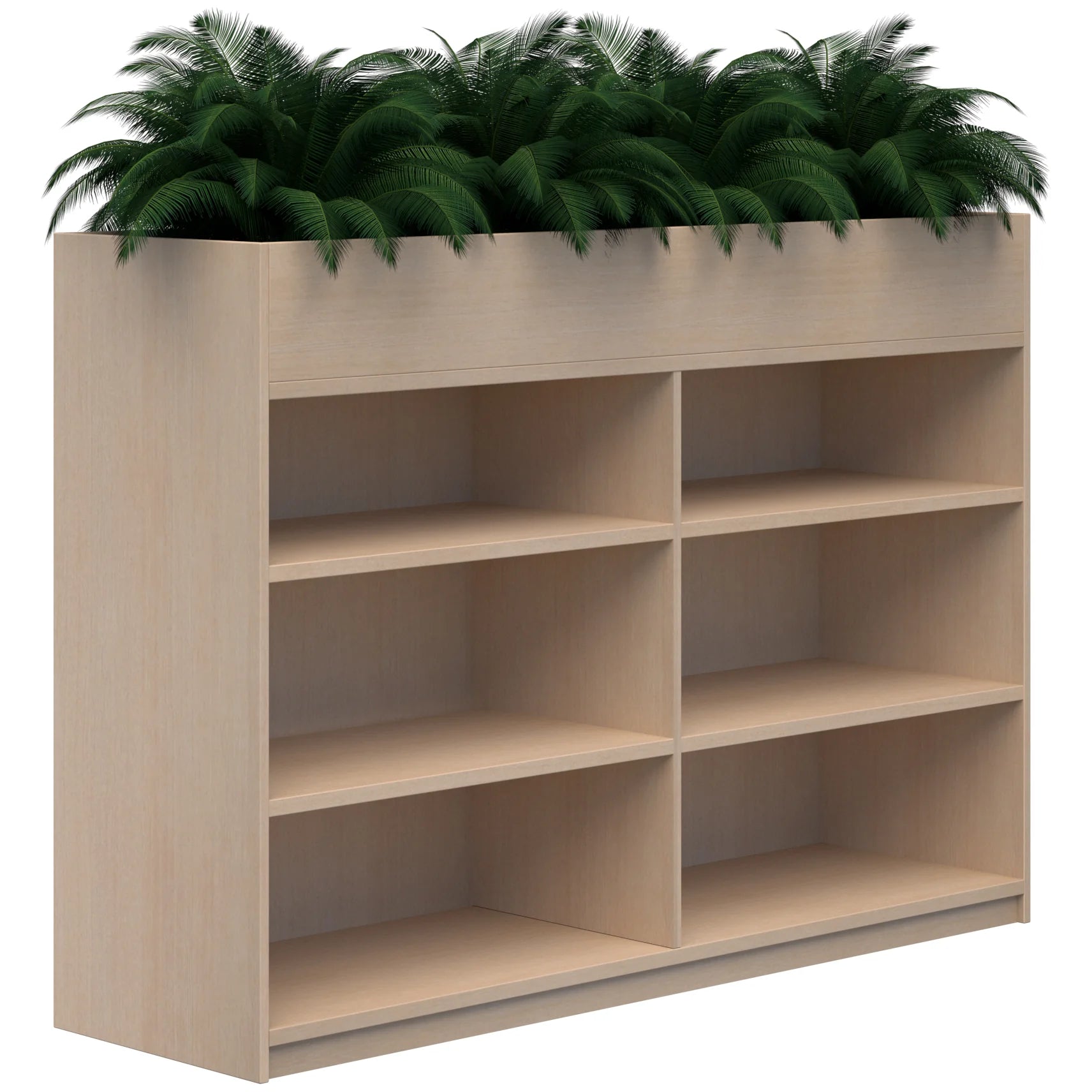 Dual three tier bookcase with built in planter box on top in refined oak colour.