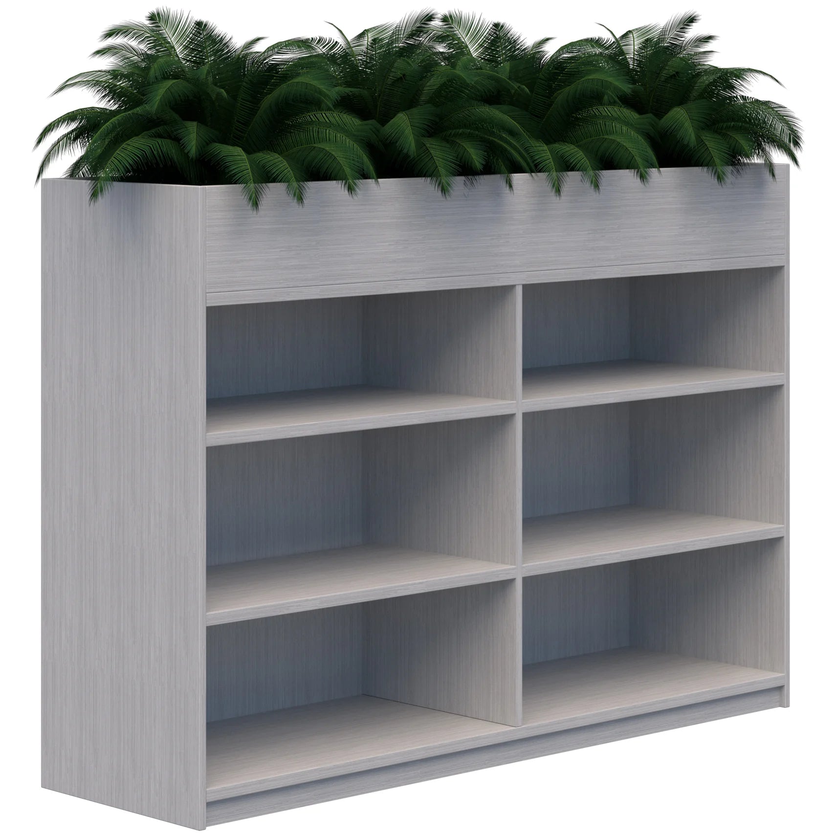 Dual three tier bookcase with built in planter box on top in silver strata colour.