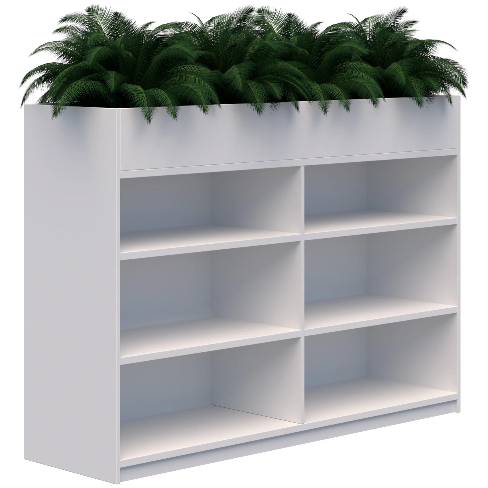 Dual three tier bookcase with built in planter box on top in snow velvet white colour.