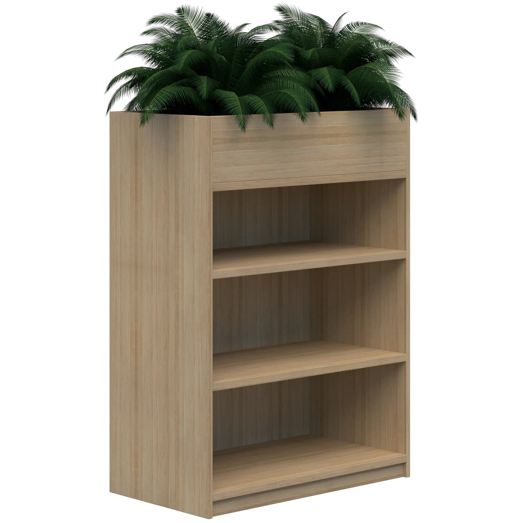 Three tier bookcase with built in planter box on top in classic oak colour.
