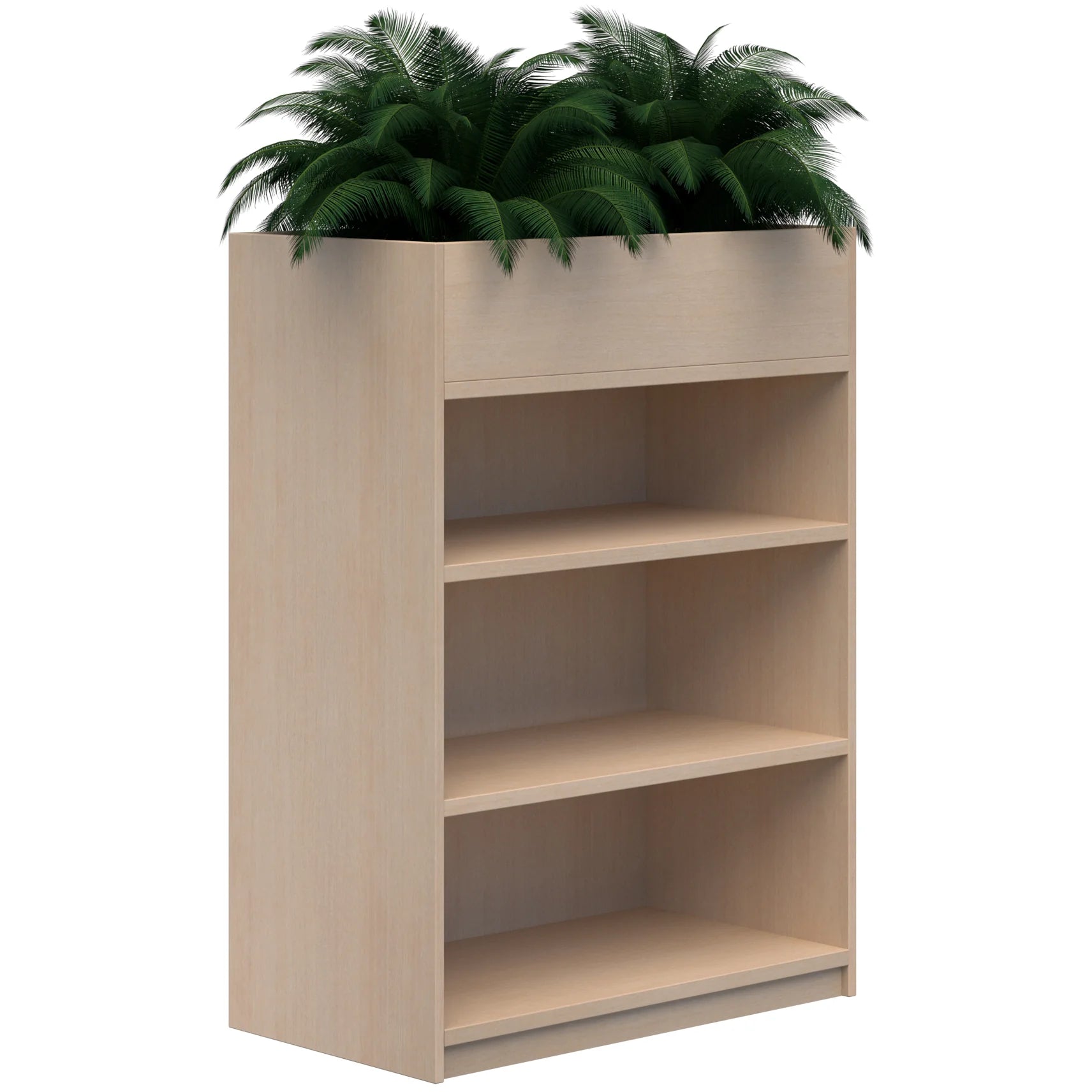 Three tier bookcase with built in planter box on top in refined oak colour.