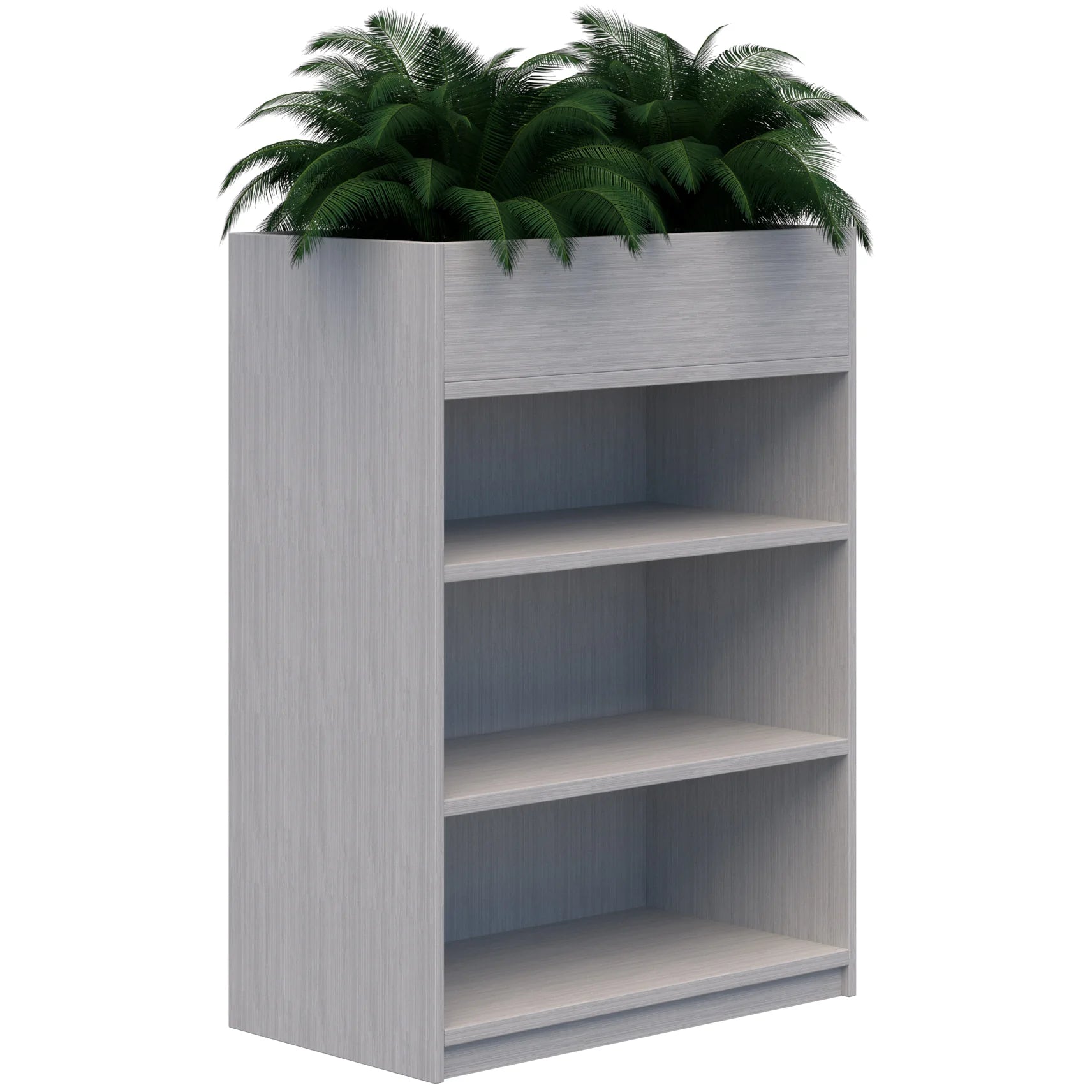 Three tier bookcase with built in planter box on top in silver strata colour.