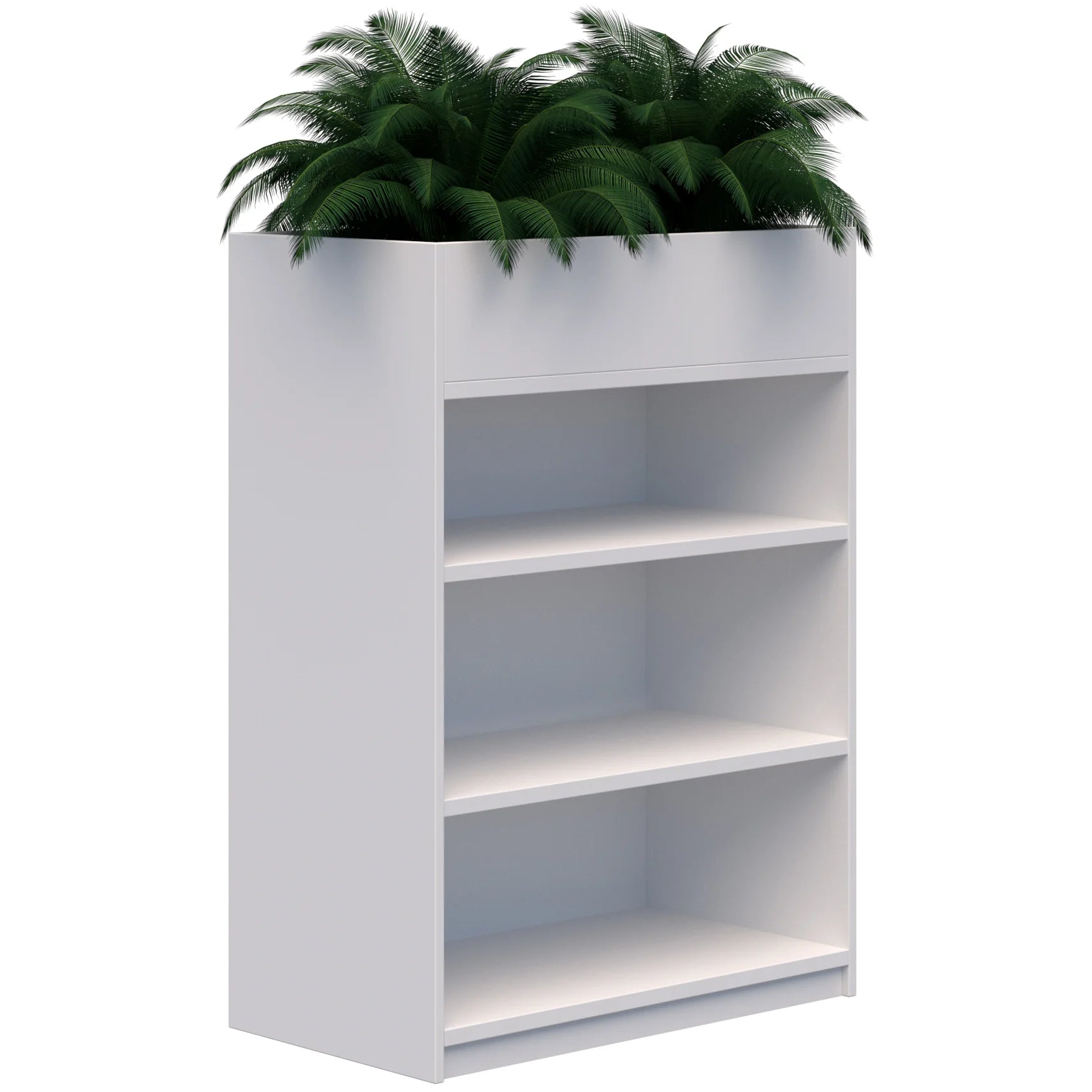 Three tier bookcase with built in planter box on top in snow velvet white colour.