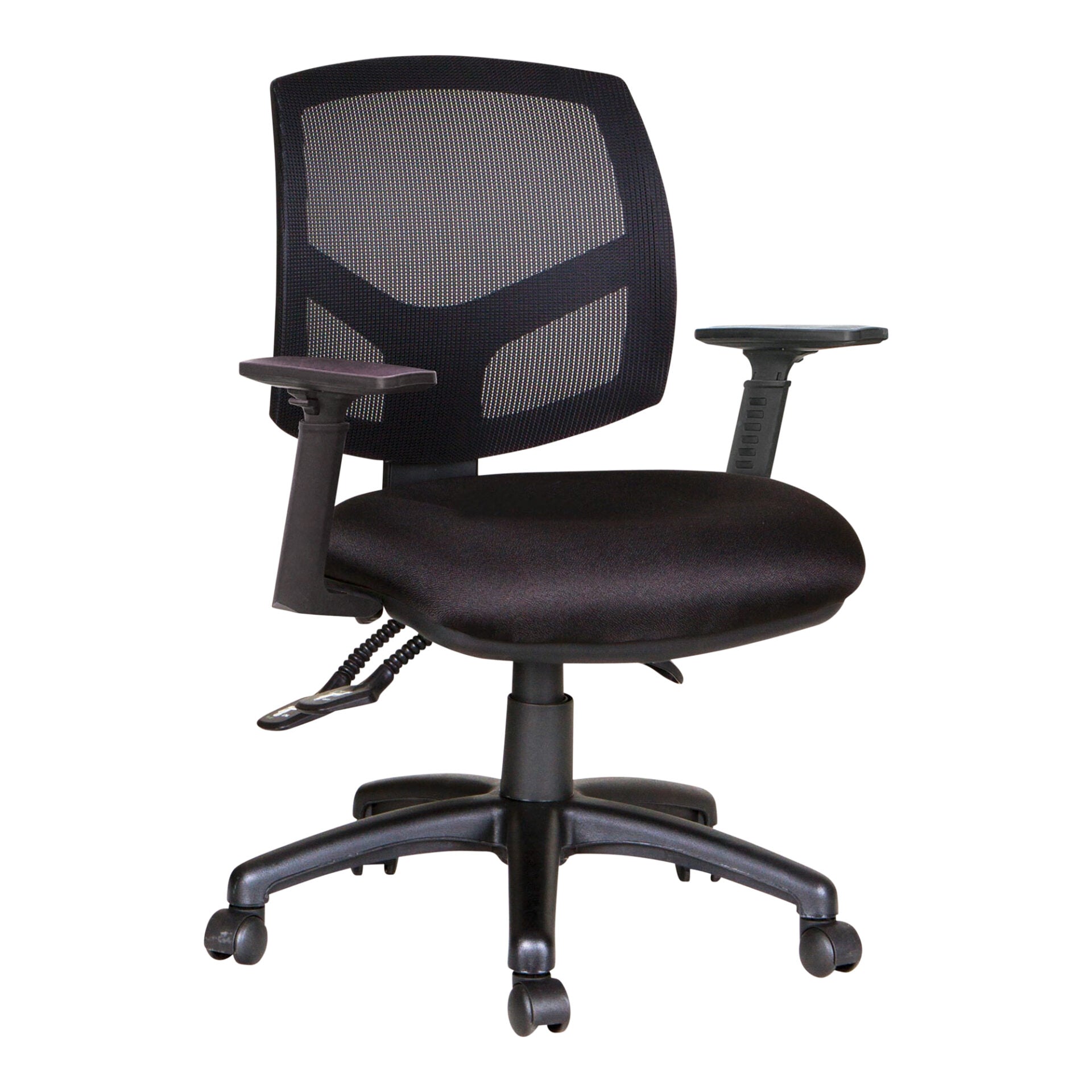 Mondo Java mesh-back office chair in black, front view, with height adjustable arms.