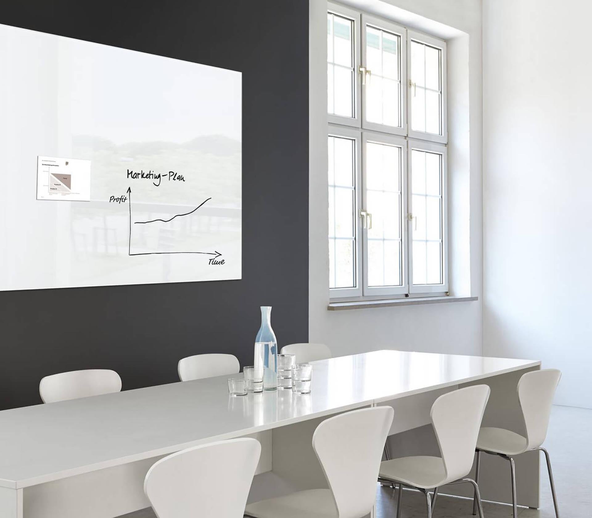 wall mounted glass writing board on display in an office meeting room.