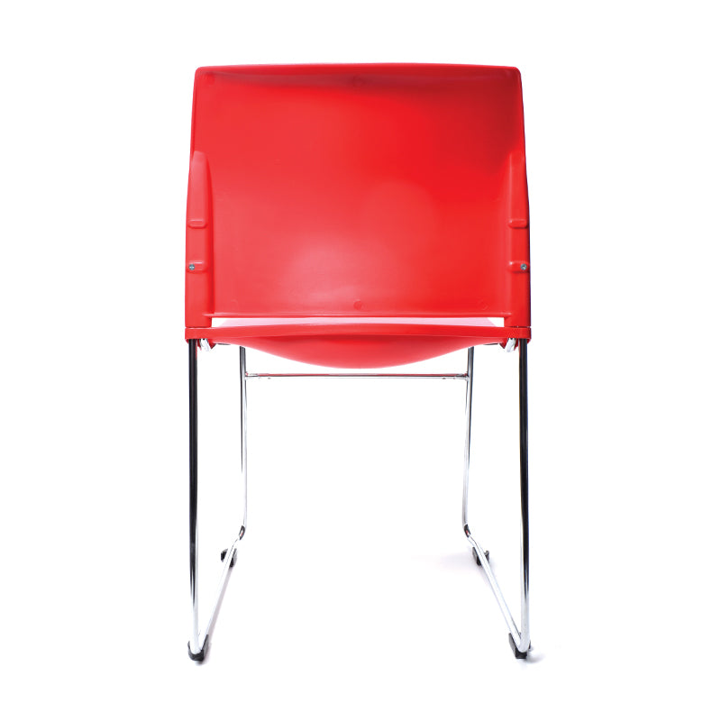 Envy chair with red shell and chrome skid frame, rear view