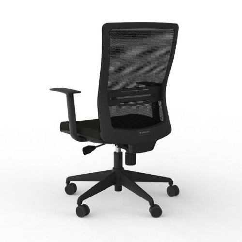 Black Blade mesh back chair with arms rear view.