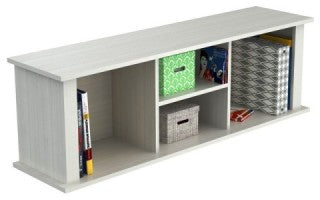 wall mounted bookcase in silver melteca with books on shelf