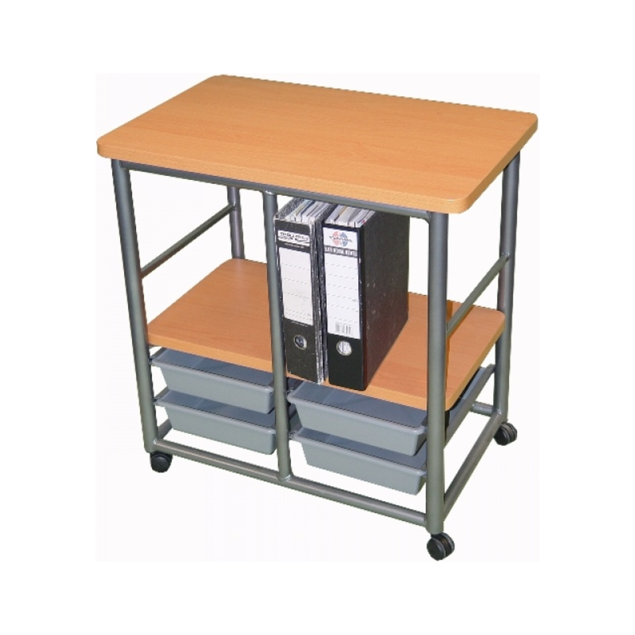Mobile storage trolley with melteca top and shelf and 4 tote trays