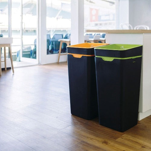 2 recycling bins on display in a kitchen