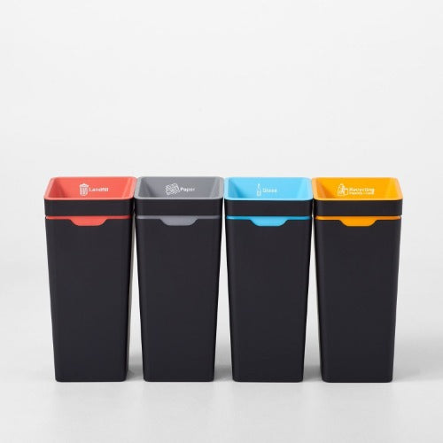 4 recycling bins with open tops