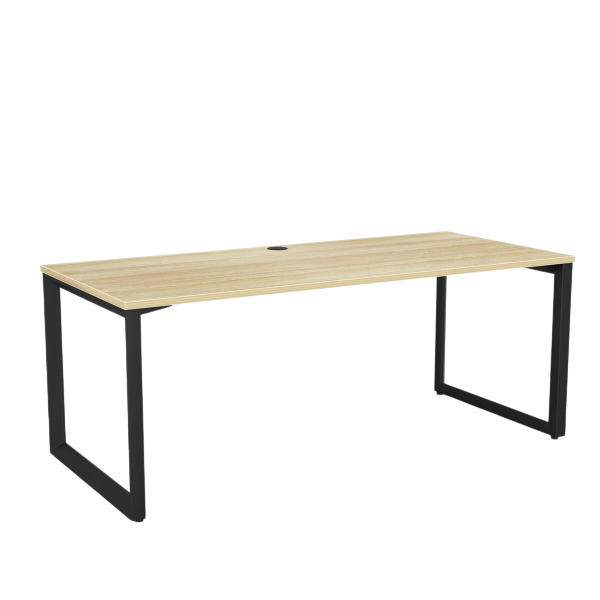 Anvil fixed height desk with black metal frame and atlantic oak melteca top