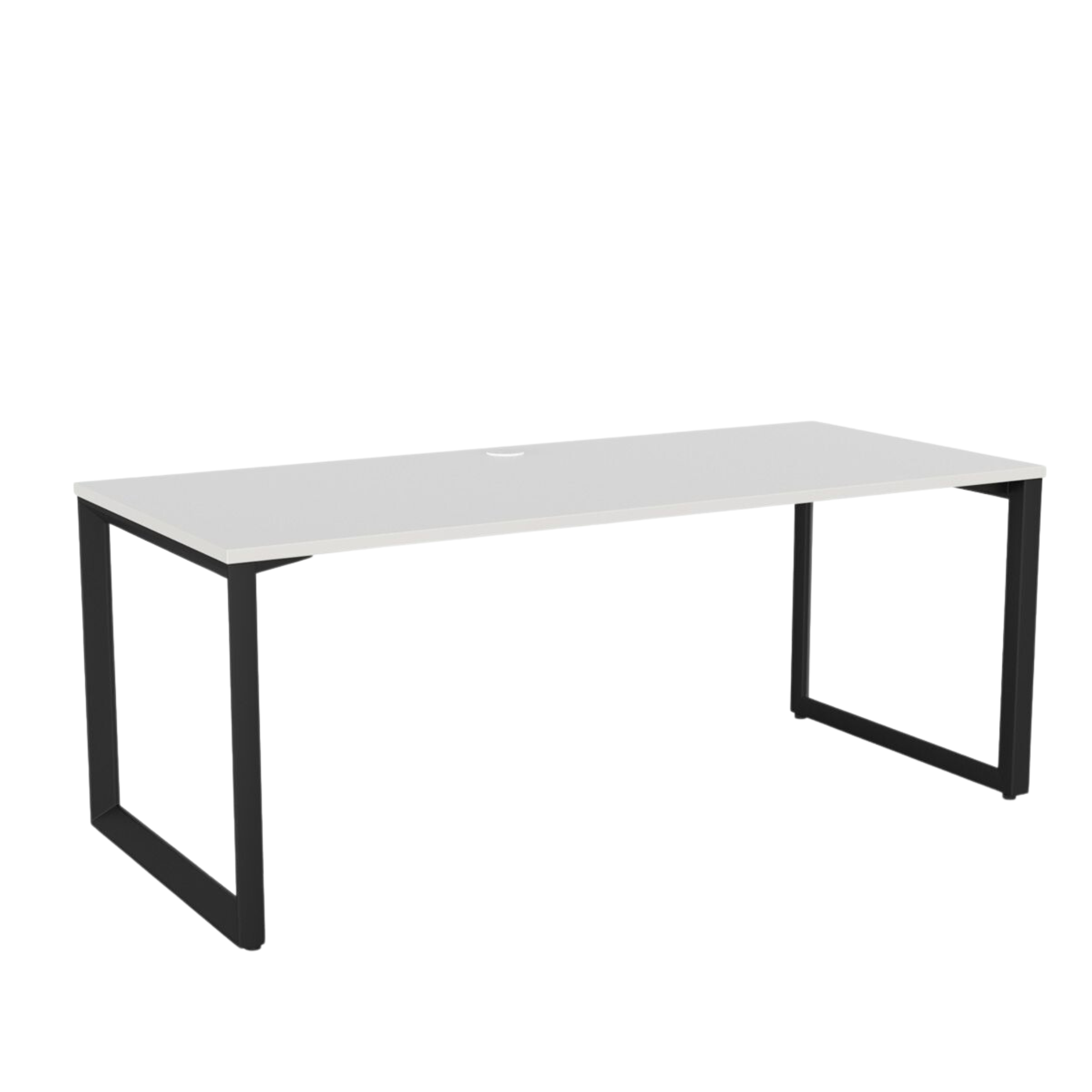 Anvil fixed height desk with black metal frame and white metleca top