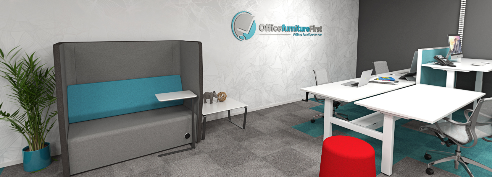 Office with back to back electric desks, booth seating, ottoman and mesh back chair.