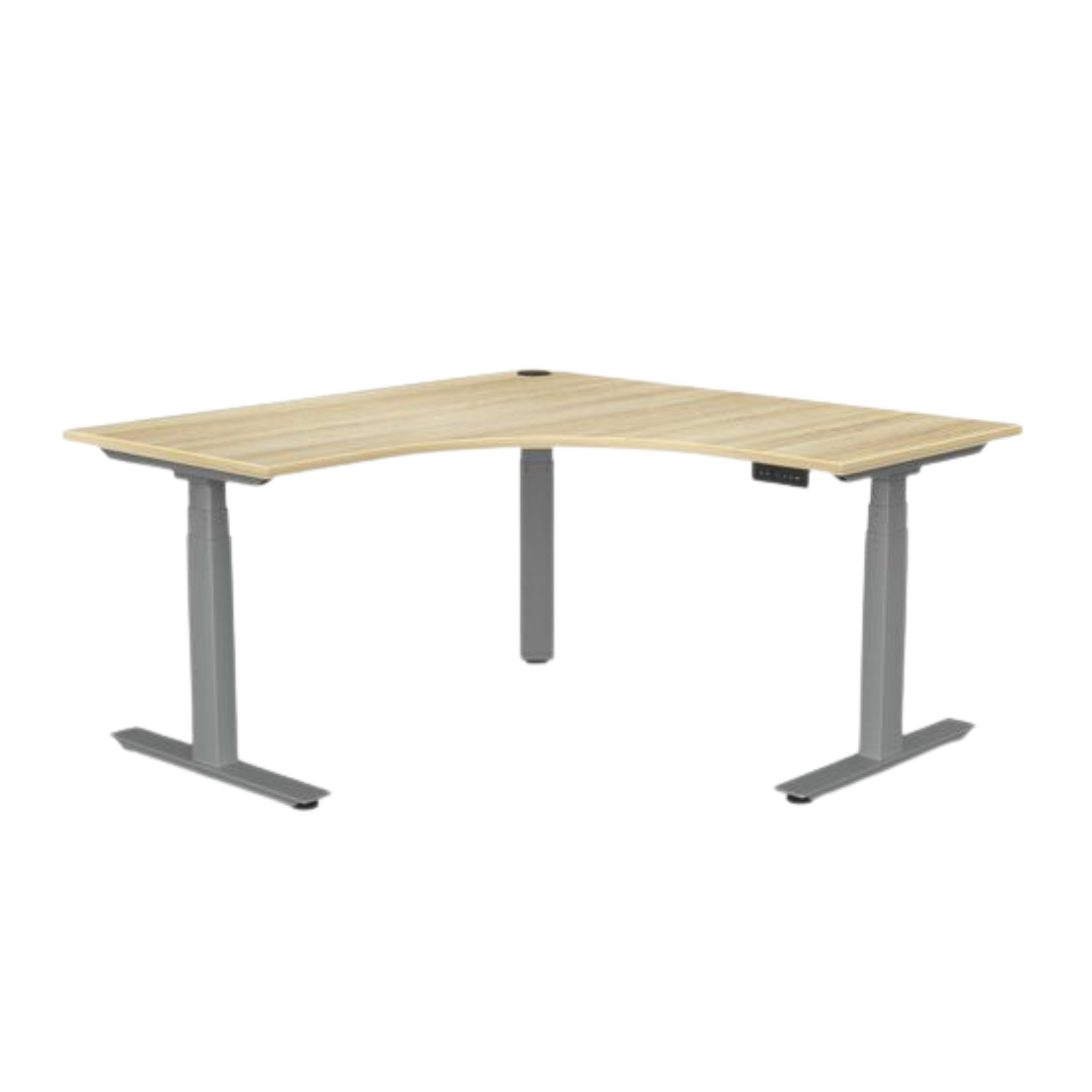 Agile 3 electric sit to stand corner workstation with silver frame and atlantic oak top