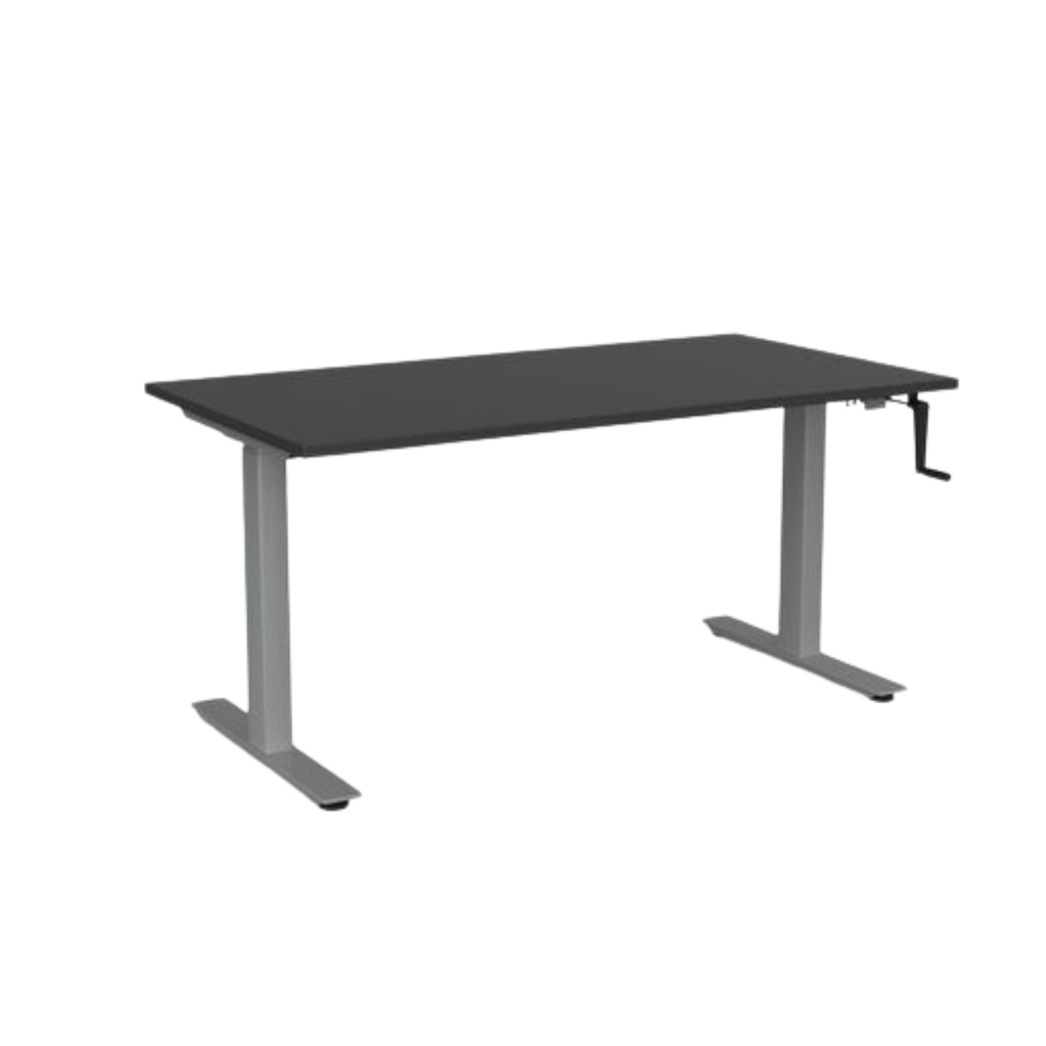 Agile winder sit to stand desk with silver frame and black top