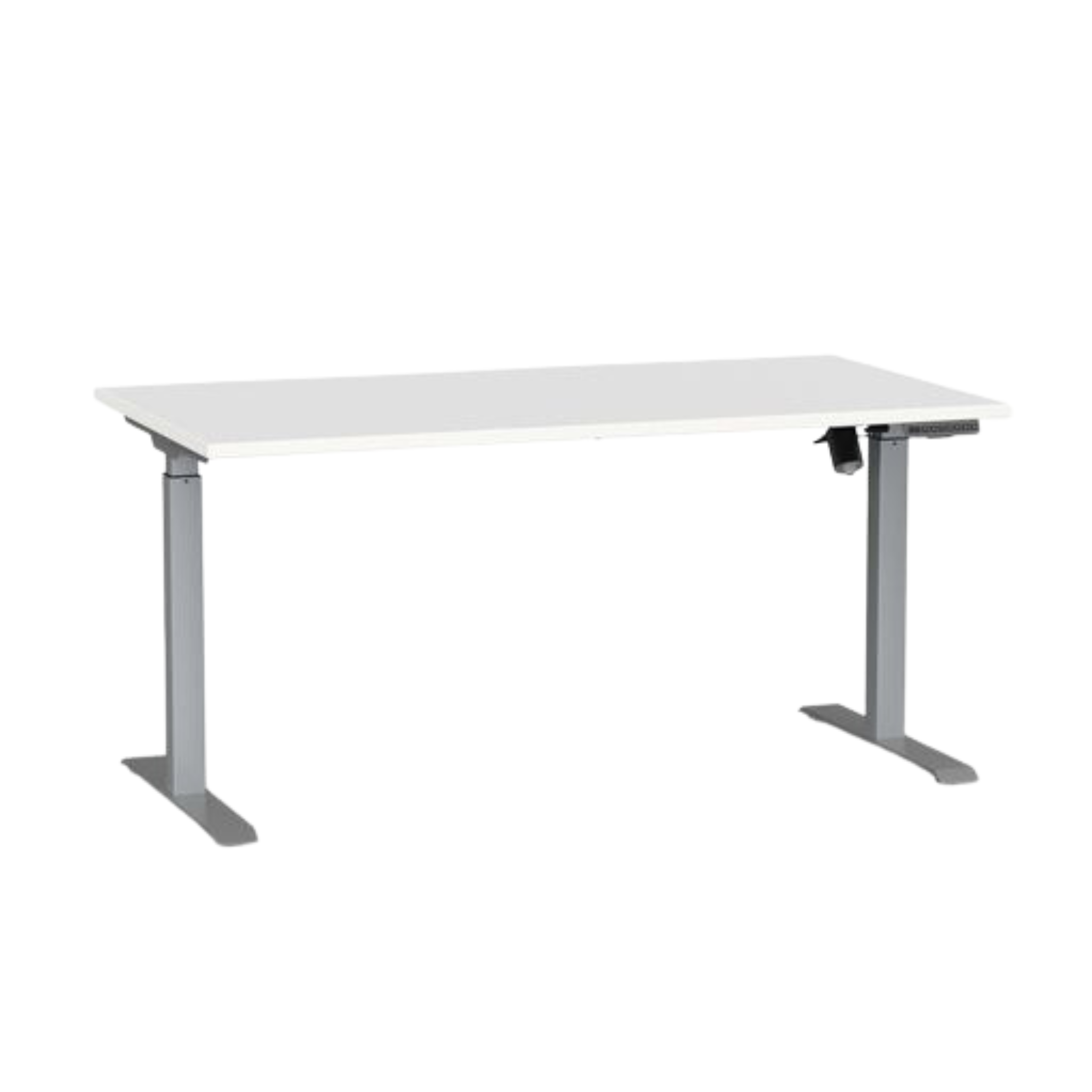 Agile boost electric sit to stand desk with silver frame and white top