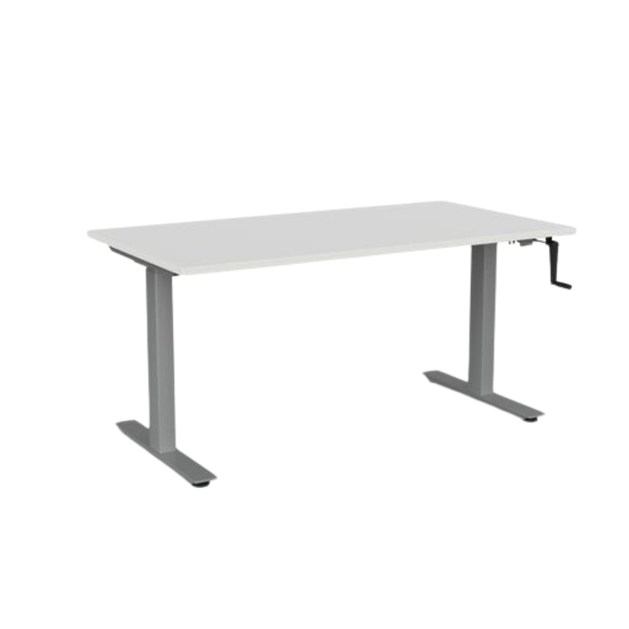 Agile winder sit to stand desk with silver frame and white top