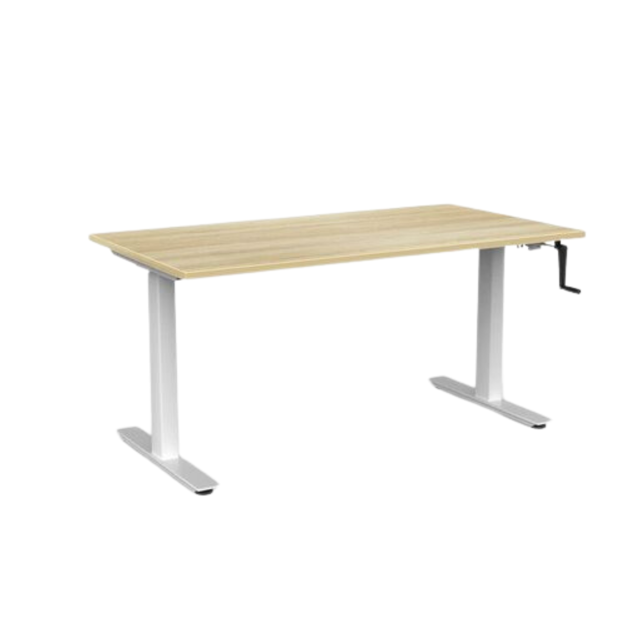 Agile winder sit to stand desk with white frame and atlantic oak top