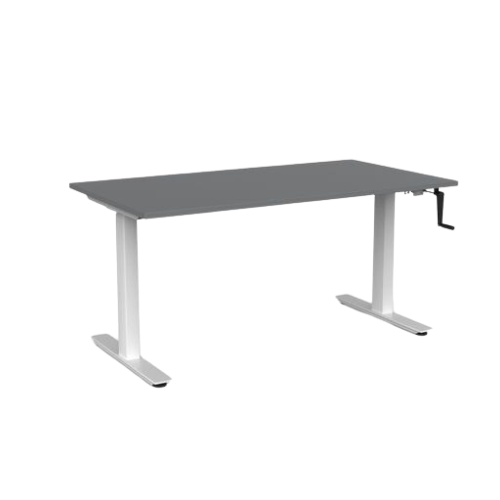 Agile winder sit to stand desk with white frame and silver top