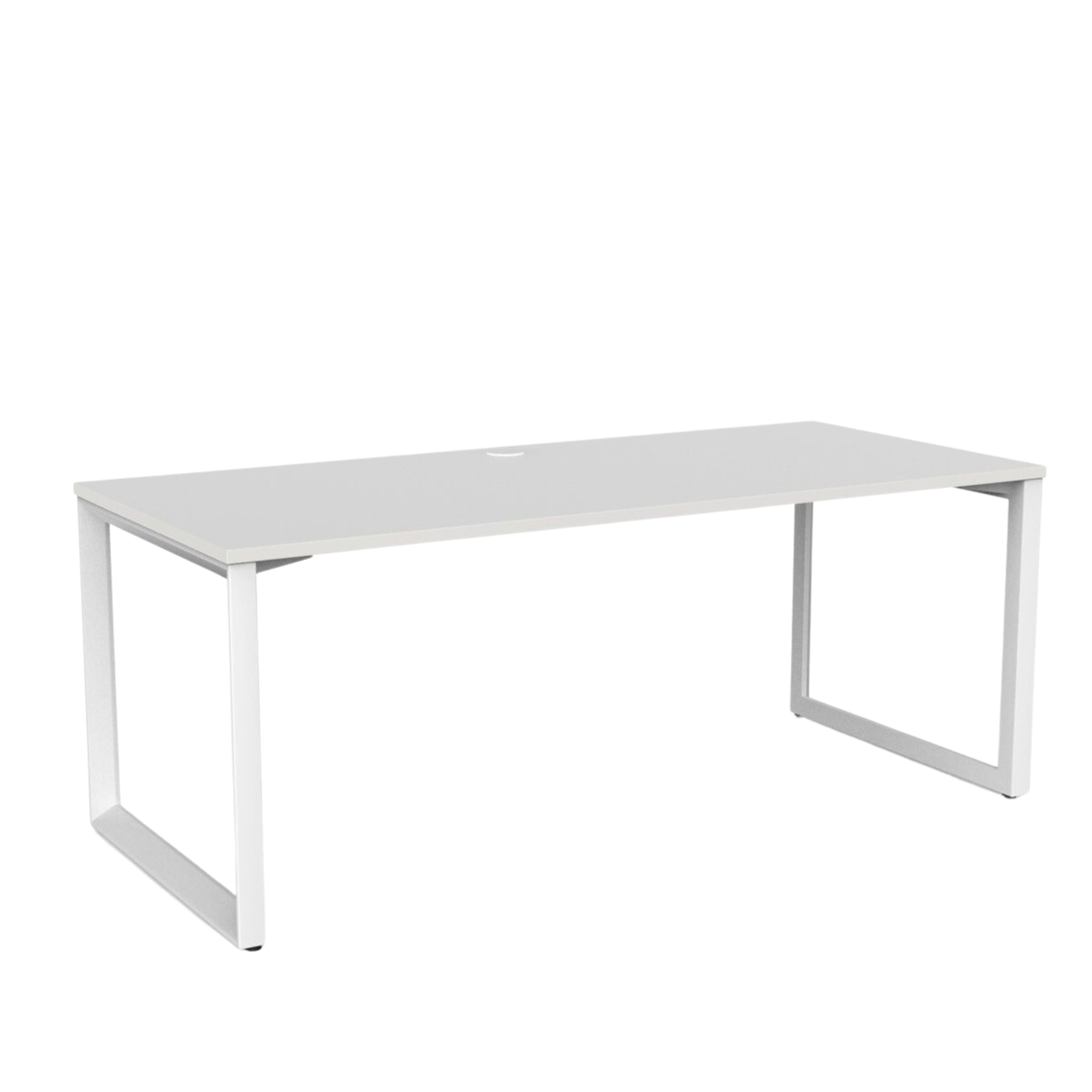 Anvil fixed height desk with white metal frame and white metleca top