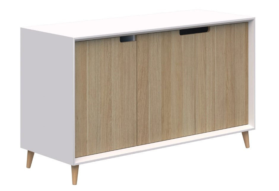 Oslo Cabinet with snowdrift white body and two refined oak doors and feet.