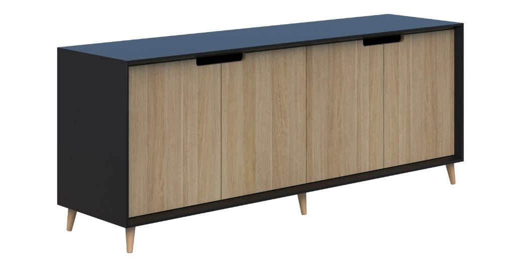Oslo Cabinet with black pearl body and two refined oak doors and feet.