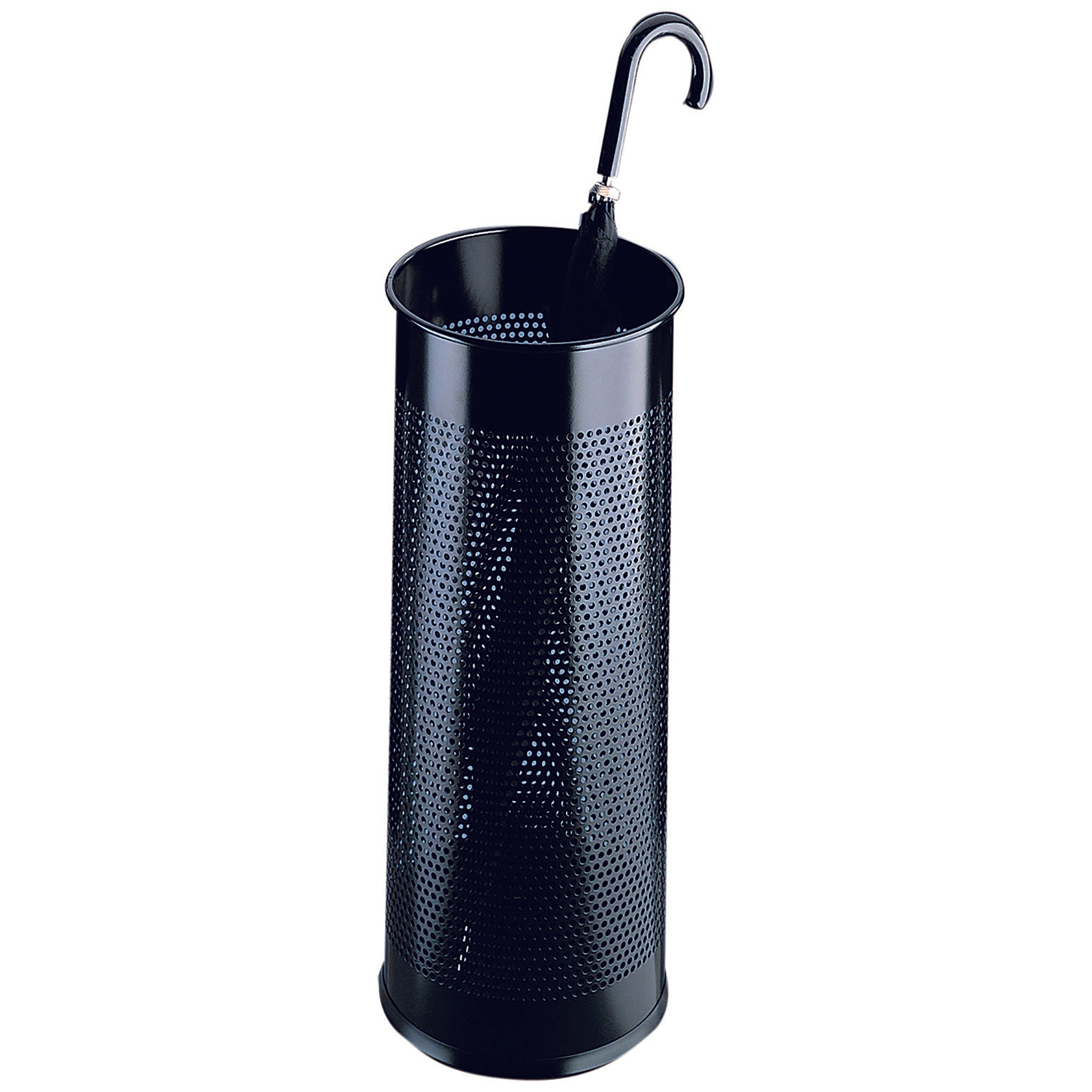 Black stainless steel umbrella holder with decorative perforations..