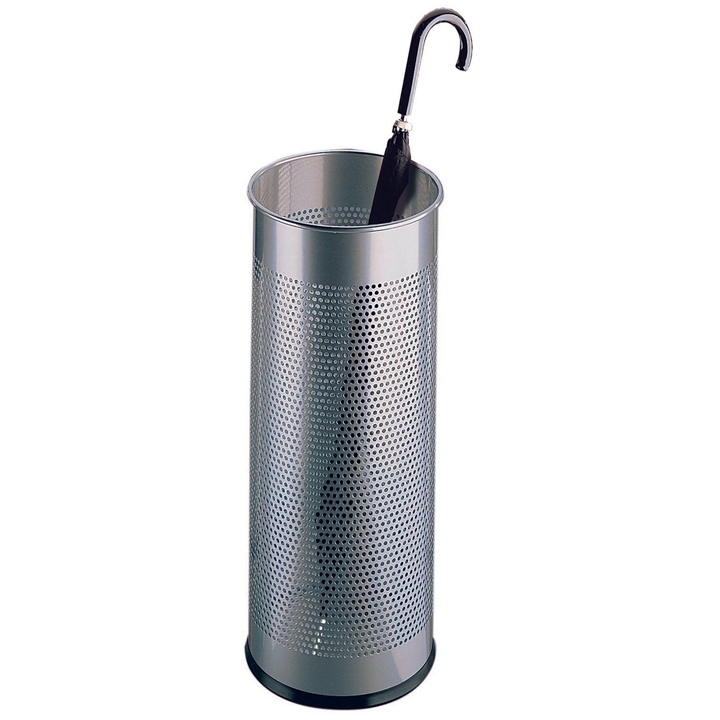 Silver stainless steel umbrella holder with decorative perforations.