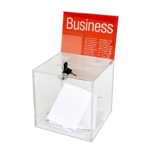 Ballot box in clear plastic with key and sign holder