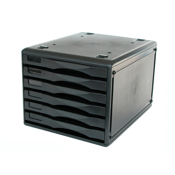 Black Plastic desktop B4 size filing six drawer unit.