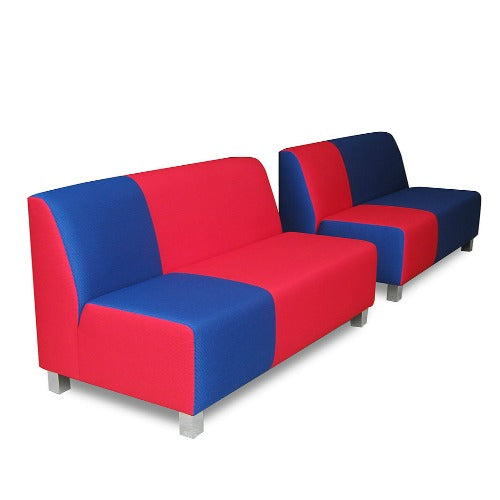 Three seater apollo sofa in red and blue fabric with chrome feet