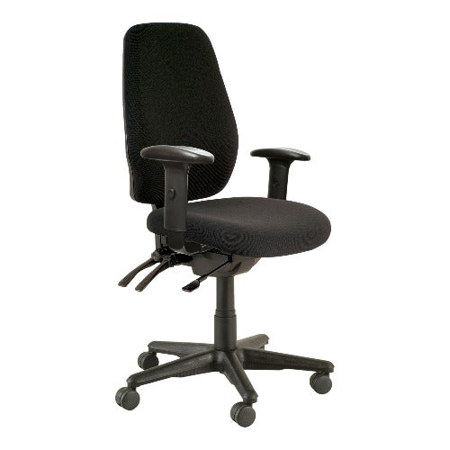 Aura Ergo Plus task chair with nylon base and castors and black fabric with arms